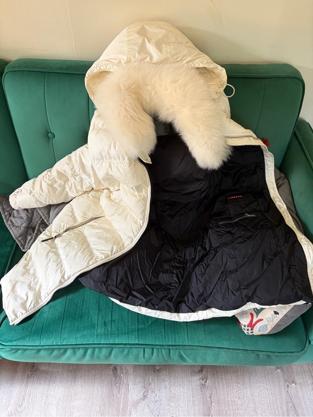 Prada White Hooded Down Puffer Coat with Fur Trim